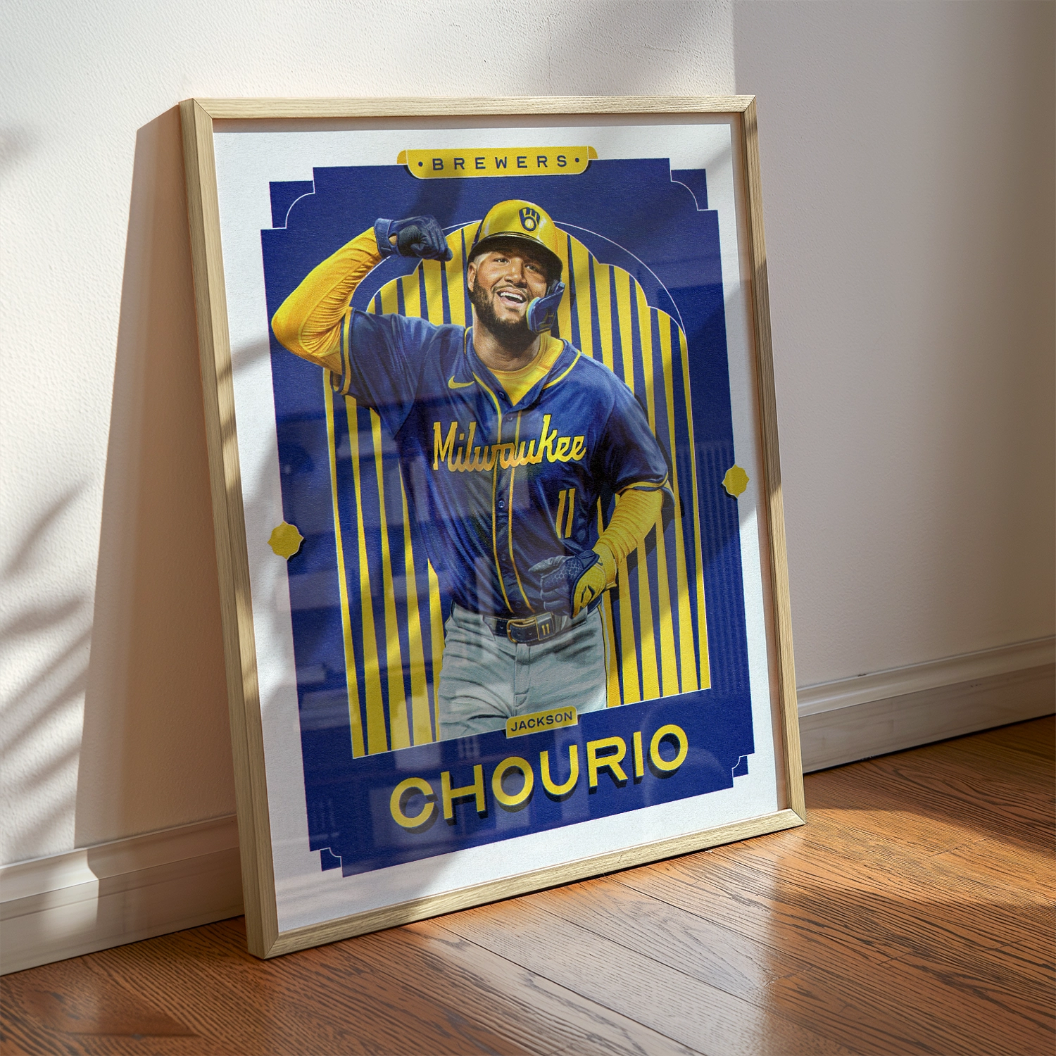 A Jackson Chourio poster displayed as modern sports wall art in the home of a Milwaukee Brewers fan.