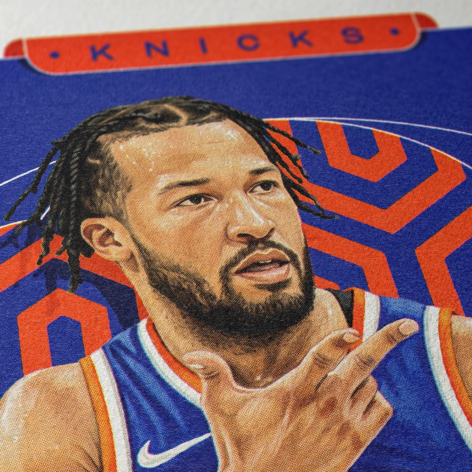 Closeup of our Jalen Brunson New York Knicks Poster showing the high-definition design quality and vintage graphic elements.