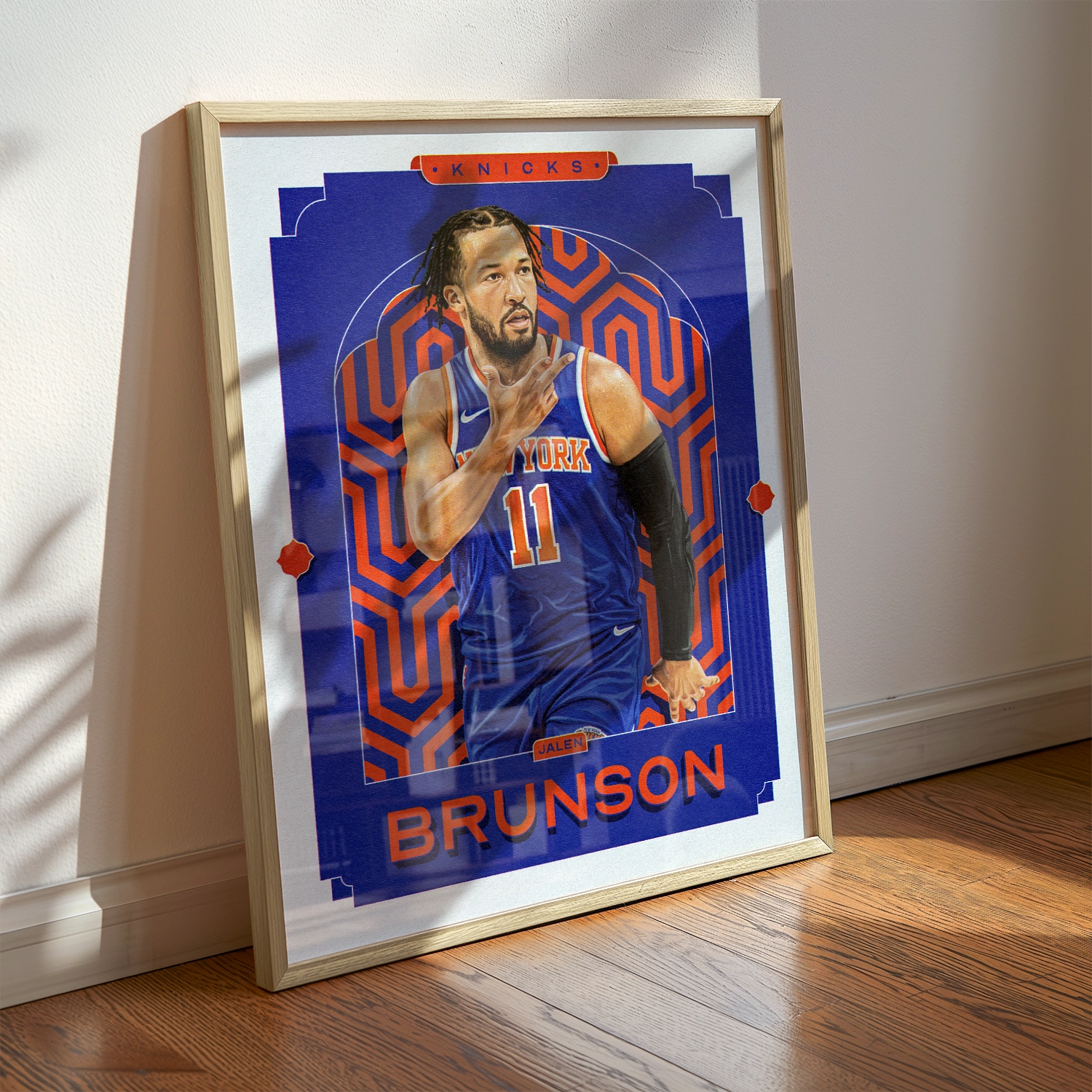 A Jalen Brunson poster displayed as modern sports wall art in the home of a New York Knicks fan.