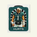 Poster of Jalen Hurts of the Philadelphia Eagles in a vintage trading card style.