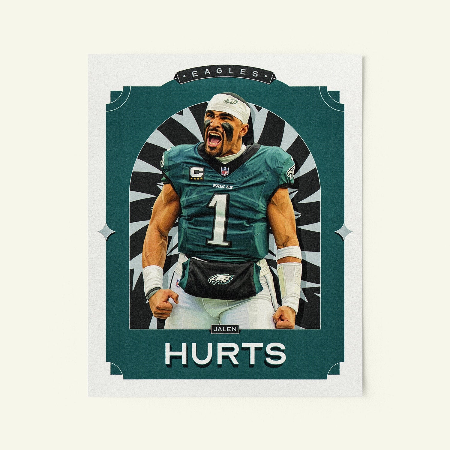Poster of Jalen Hurts of the Philadelphia Eagles in a vintage trading card style.