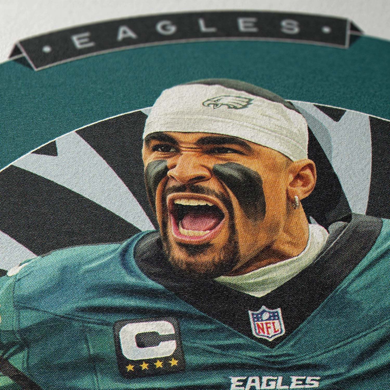 Closeup of our Jalen Hurts Philadelphia Eagles Poster showing the high-definition design quality and vintage graphic elements.