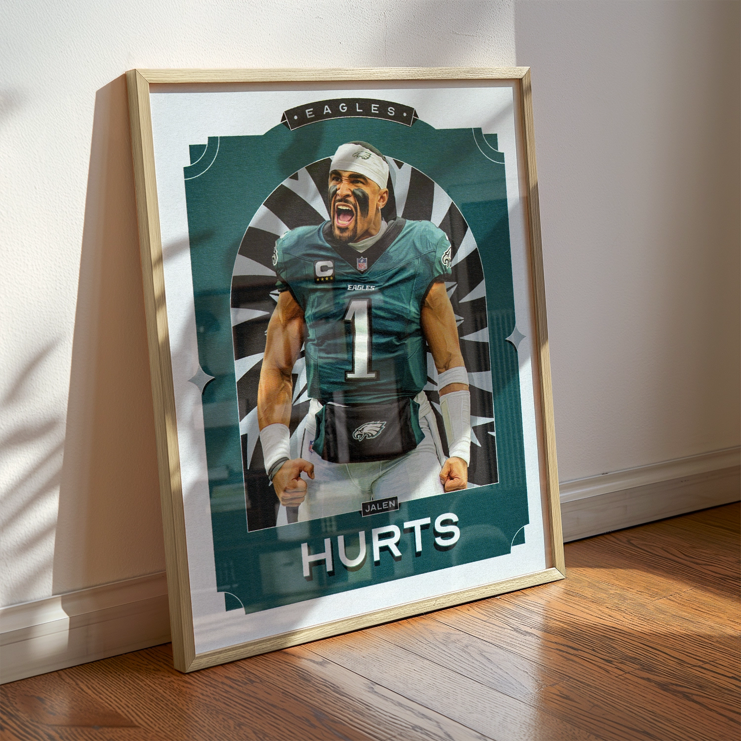 A Jalen Hurts poster displayed as modern sports wall art in the home of a Philadelphia Eagles fan.