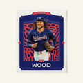Poster of James Wood of the Washington Nationals in a vintage trading card style.