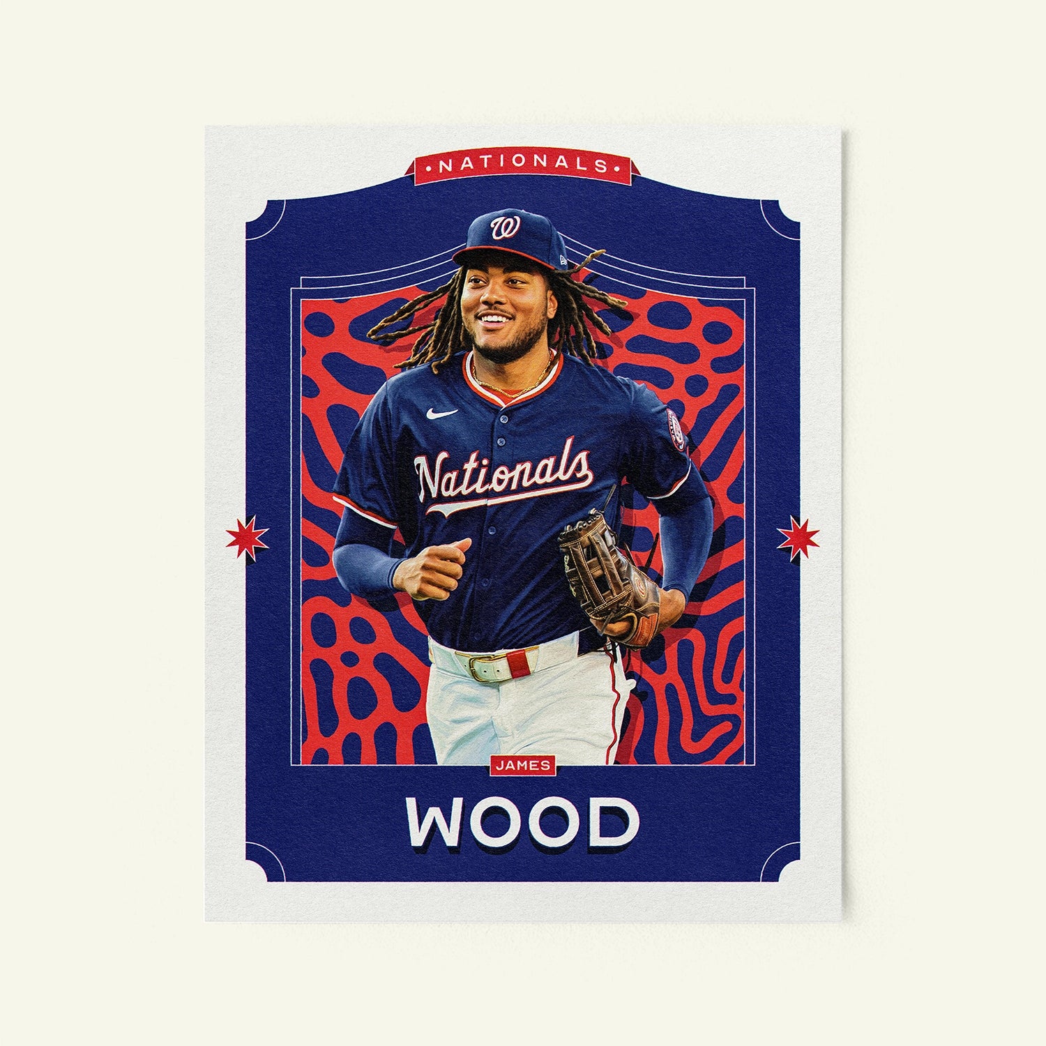 Poster of James Wood of the Washington Nationals in a vintage trading card style.