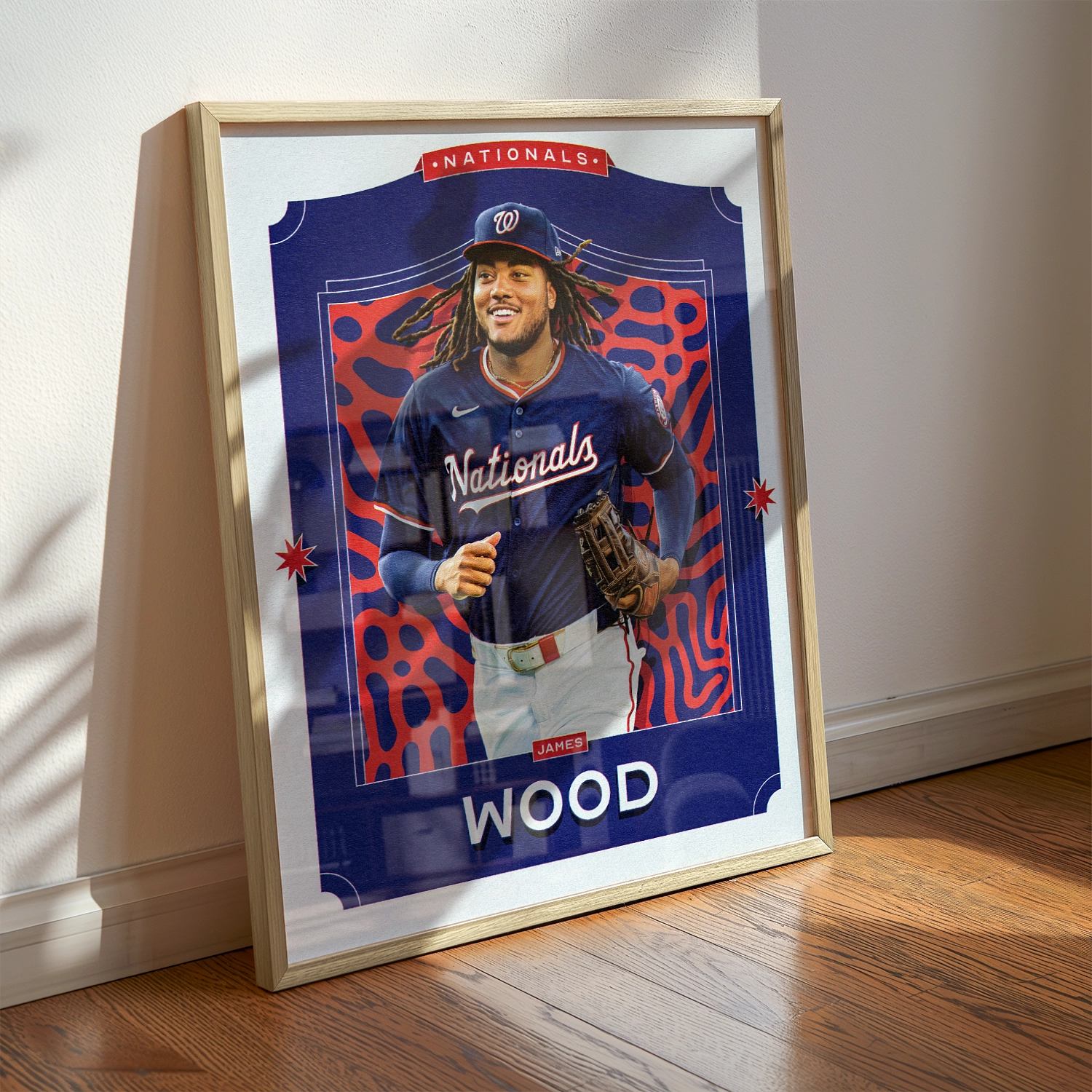 A James Wood poster displayed as modern sports wall art in the home of a Washington Nationals fan.