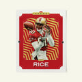 Poster of Jerry Rice of the San Francisco 49ers in a vintage trading card style.