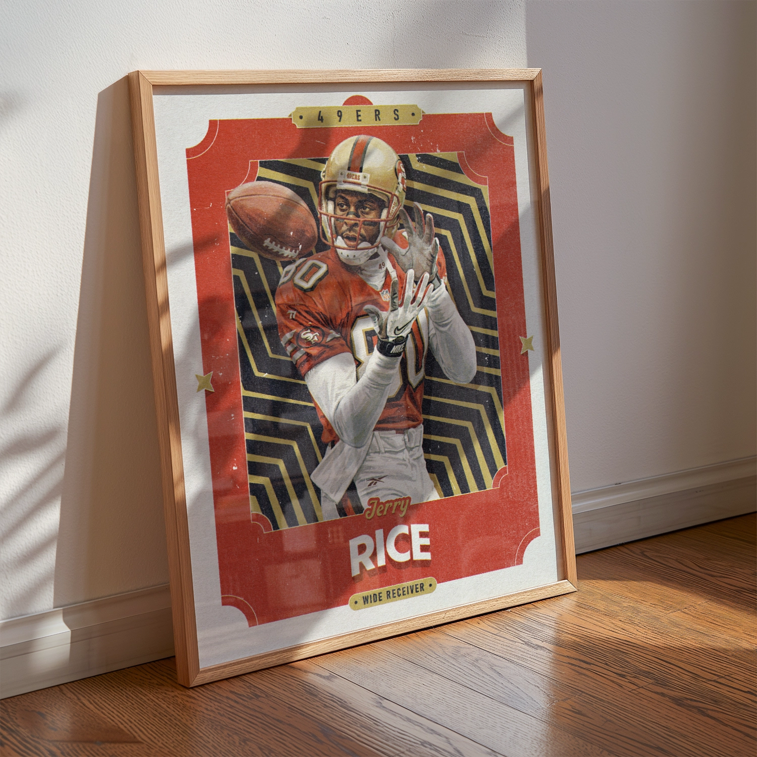 A Jerry Rice poster displayed as modern sports wall art in the home of a San Francisco 49ers fan.