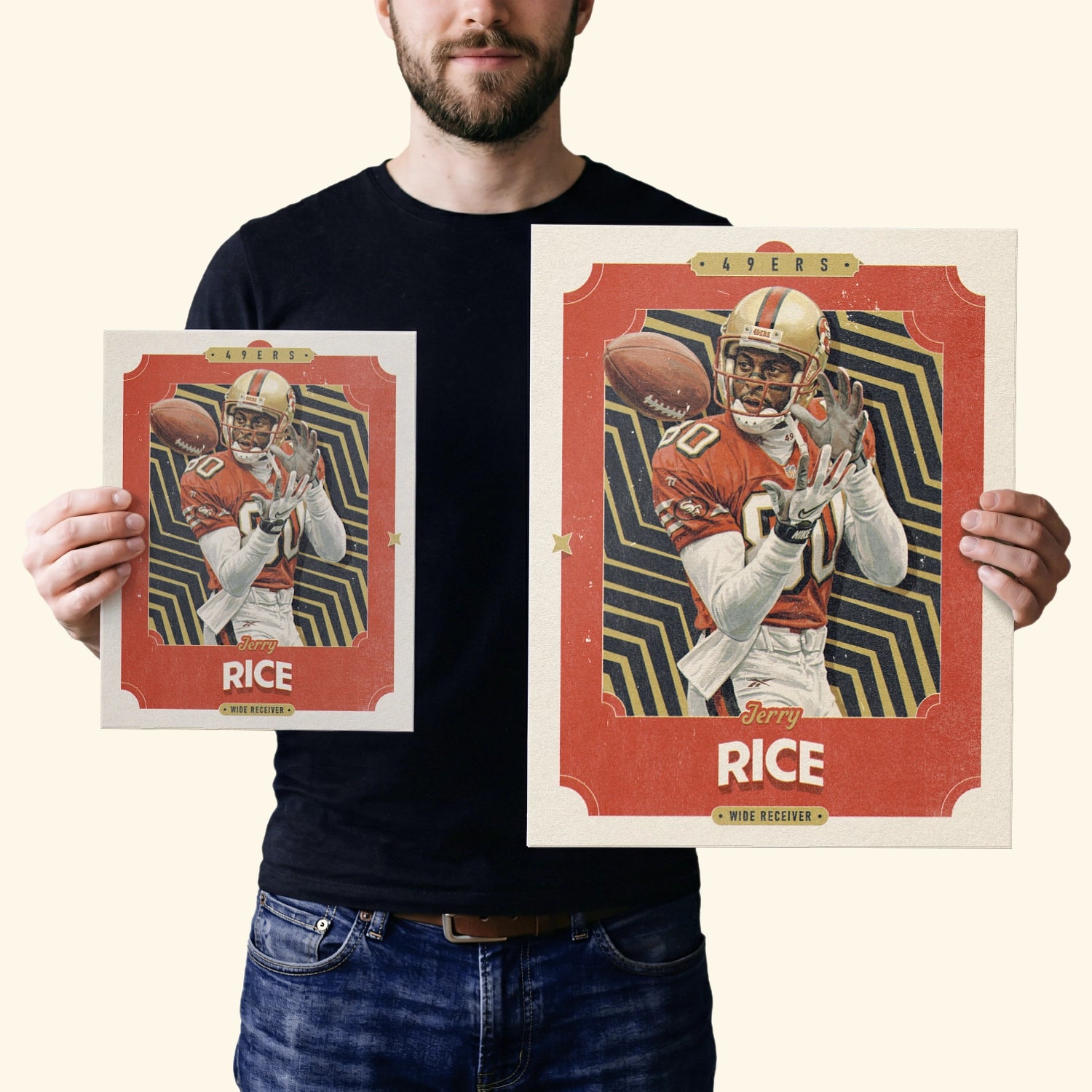 Two vintage inspired posters of Jerry Rice in the sizes 20x25cm or 8x10 inches and 40x50cm or 16x20 inches, held by a San Francisco 49ers fan.