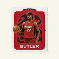 Poster of Jimmy Butler of the Heat in a vintage trading card style.