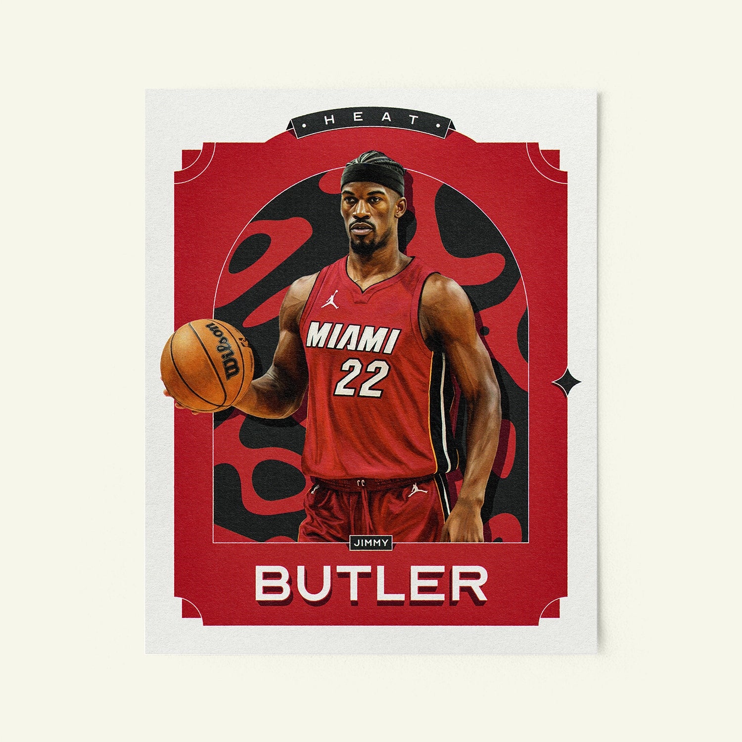 Poster of Jimmy Butler of the Heat in a vintage trading card style.