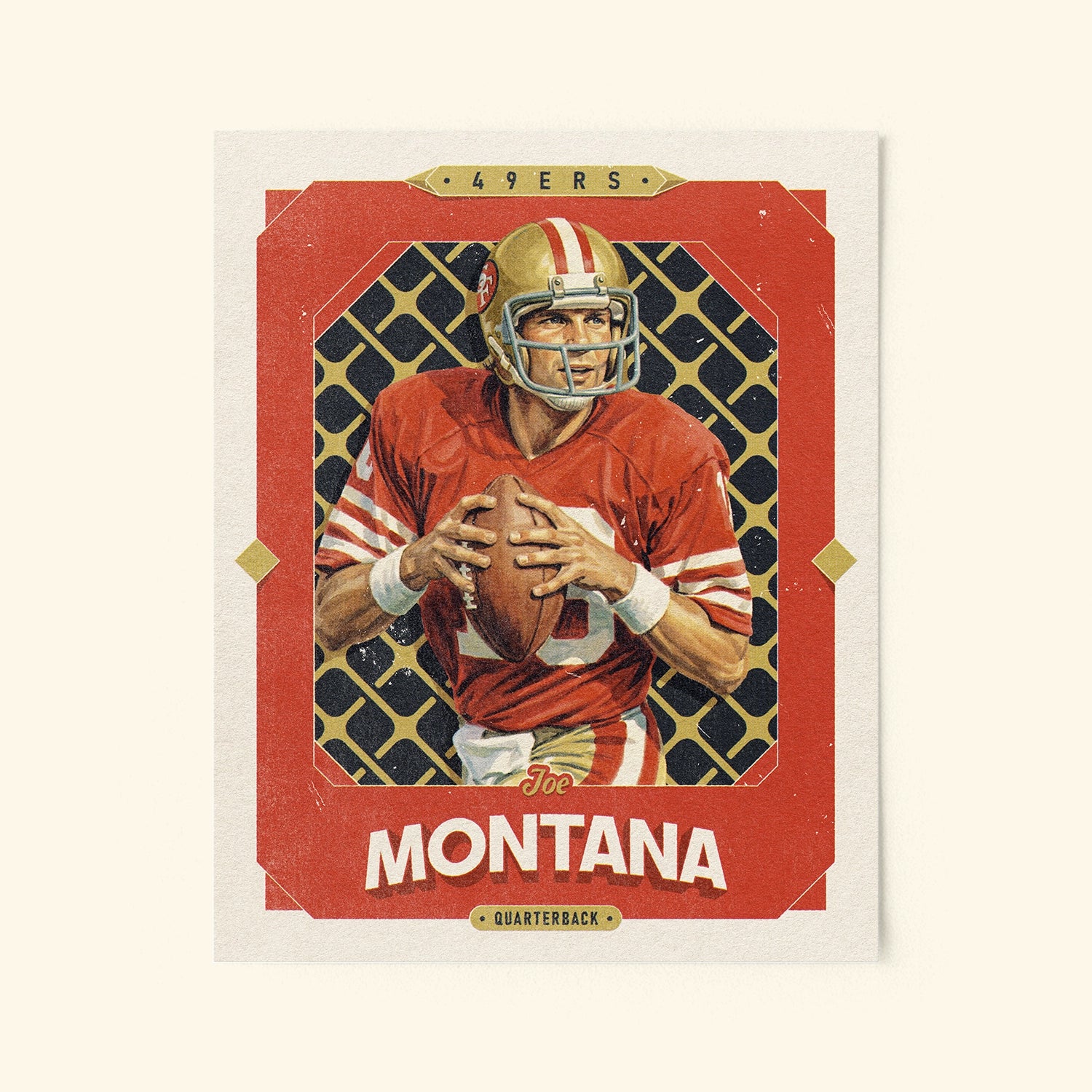 Poster of Joe Montana of the San Francisco 49ers in a vintage trading card style.