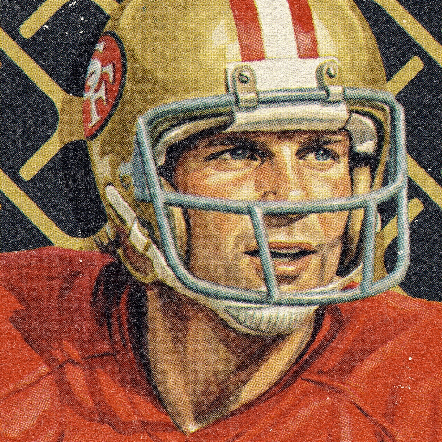 Closeup of our Joe Montana Niners Poster showing the high-definition design quality and vintage graphic elements.