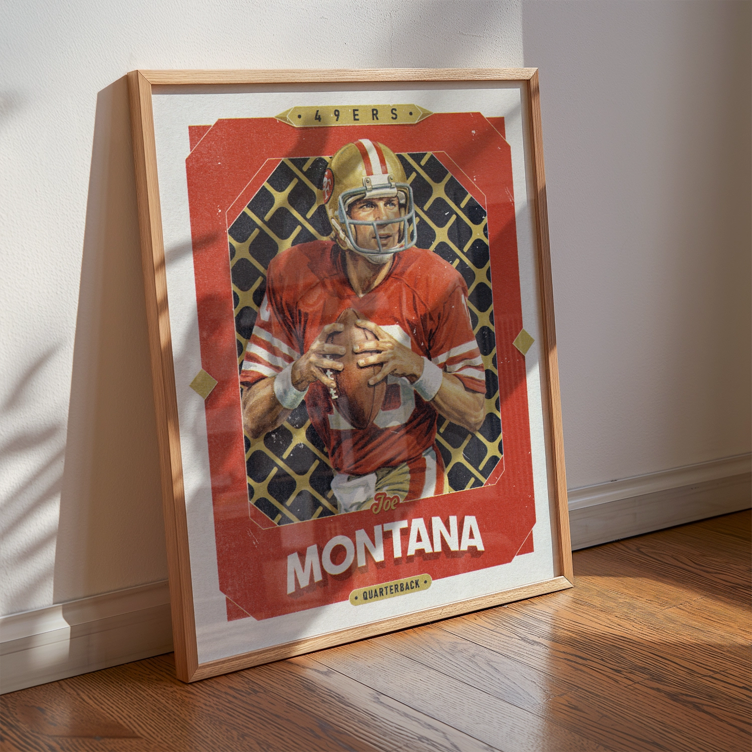 A Joe Montana poster displayed as modern sports wall art in the home of a San Francisco 49ers fan.