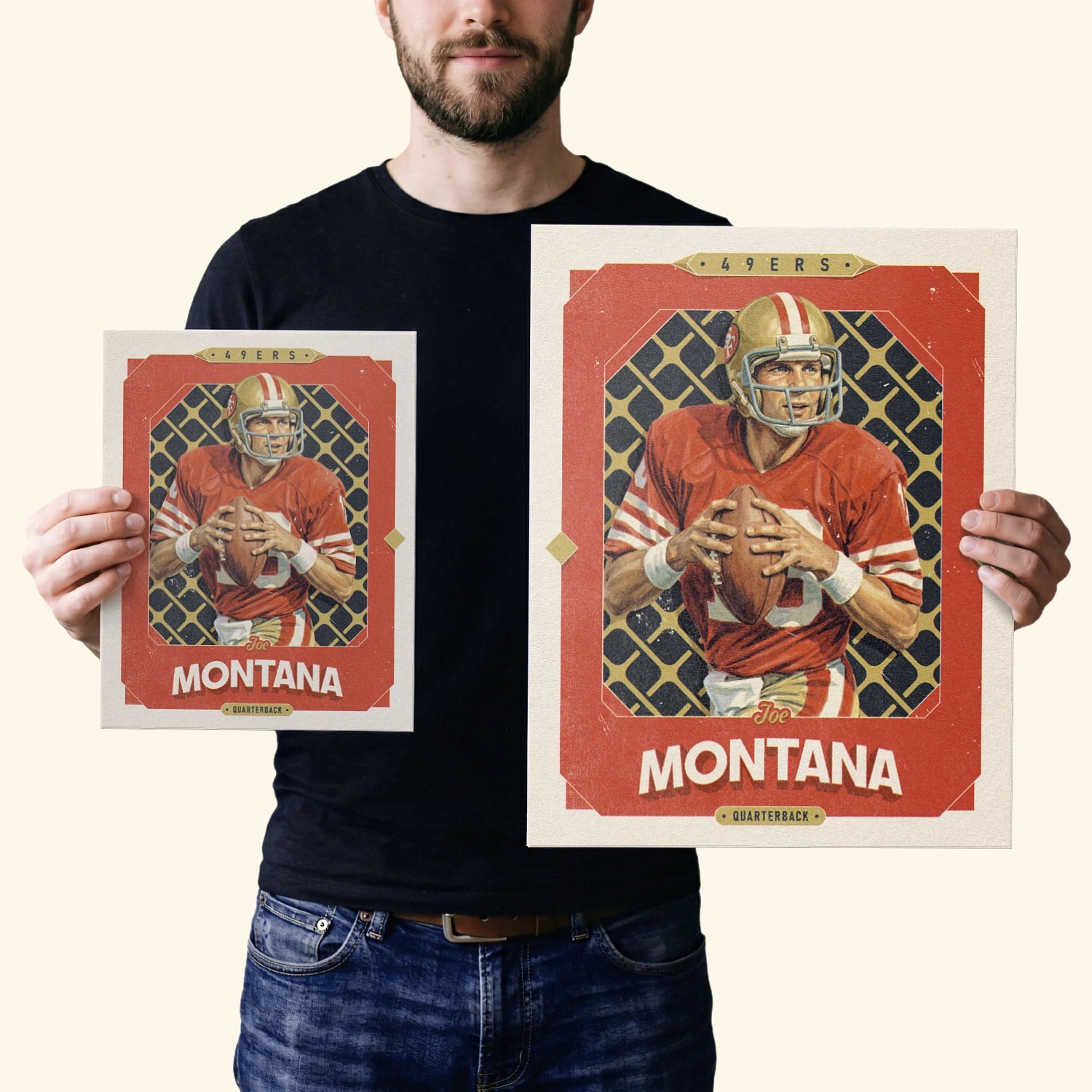 Two vintage inspired posters of Joe Montana in the sizes 20x25cm or 8x10 inches and 40x50cm or 16x20 inches, held by a San Francisco 49ers fan.