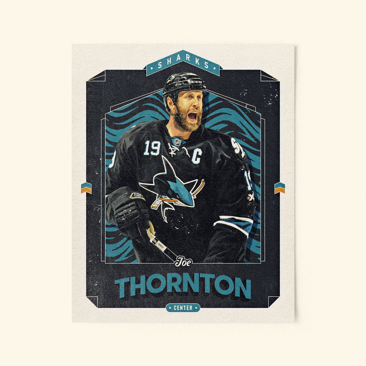 Poster of Joe Thornton of the San Jose Sharks in a vintage trading card style.
