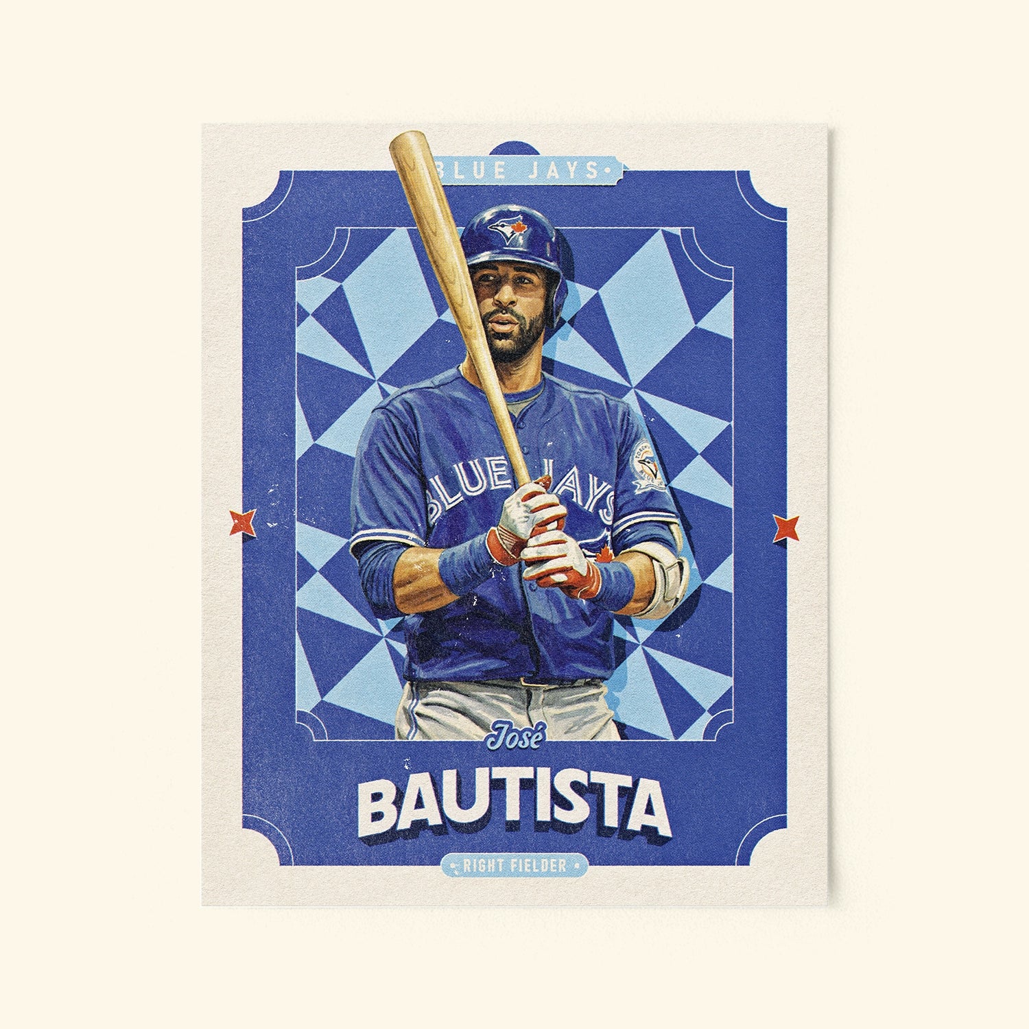 Poster of Jose Bautista of the Toronto Blue Jays in a vintage trading card style.