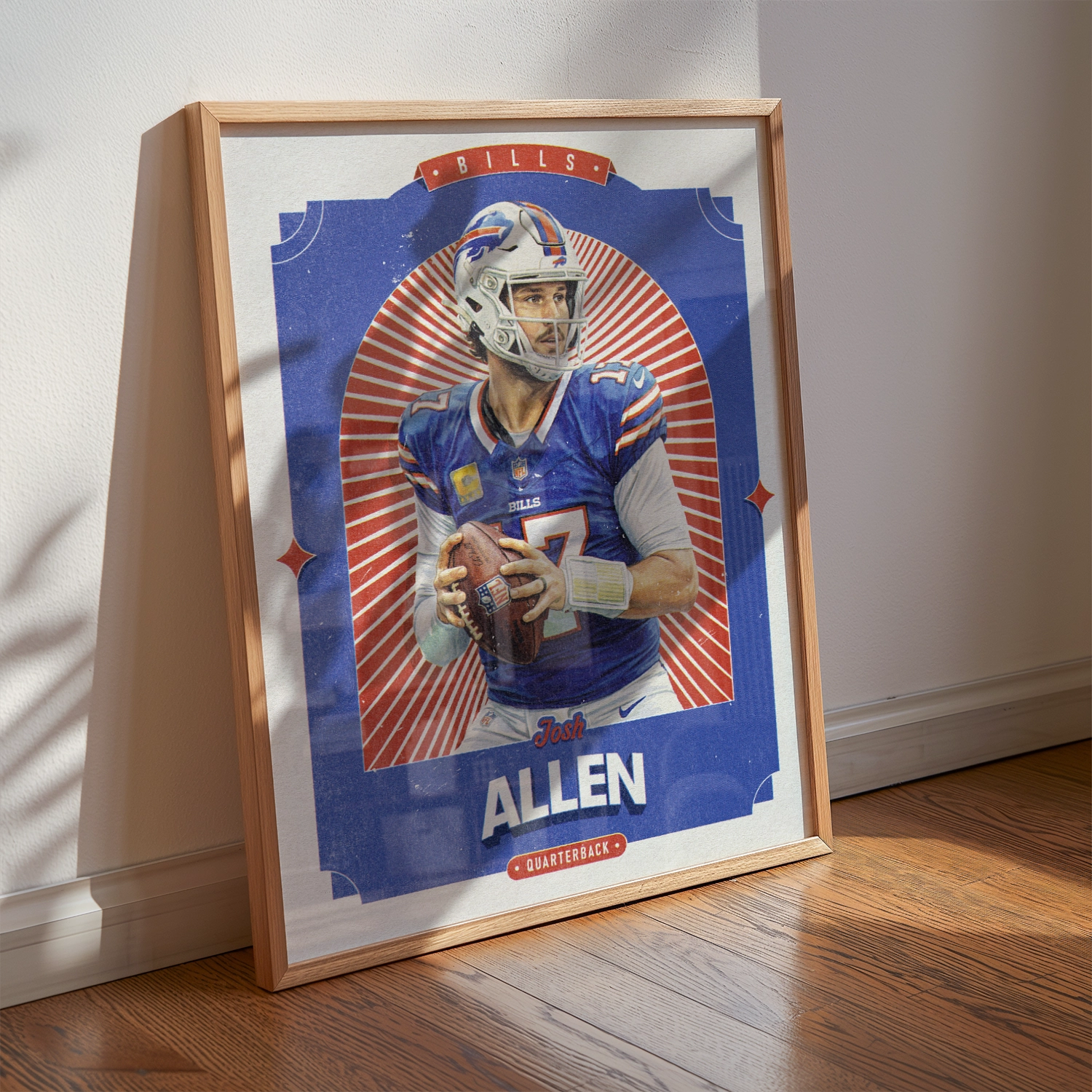 A Josh Allen poster displayed as modern sports wall art in the home of a Buffalo Bills fan.