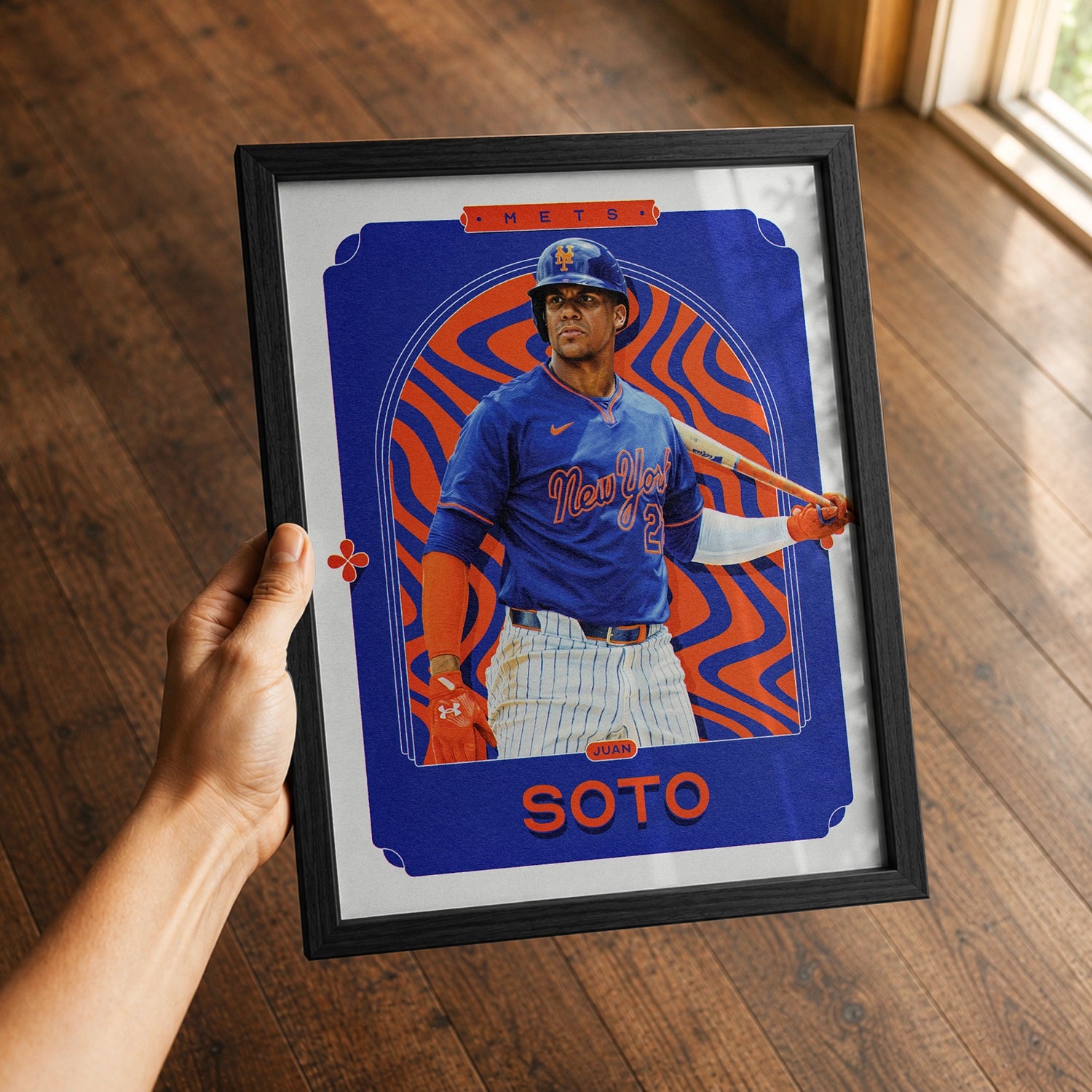 A premium Juan Soto poster in a 8x10 frame being gifted to a New York Mets fan.
