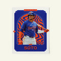 Poster of Juan Soto of the New York Mets in a vintage trading card style.