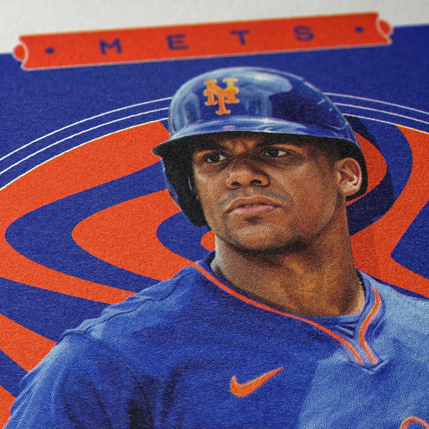 Closeup of our Juan Soto New York Mets Poster showing the high-definition design quality and vintage graphic elements.
