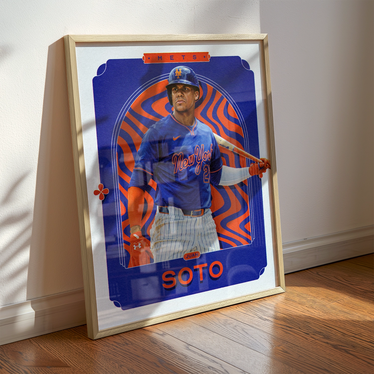 A Juan Soto poster displayed as modern sports wall art in the home of a New York Mets fan.