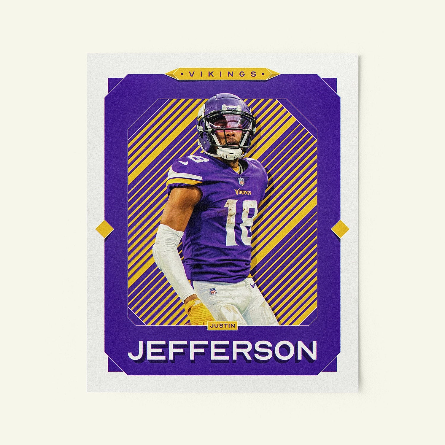 Poster of Justin Jefferson of the Minnesota Vikings in a vintage trading card style.