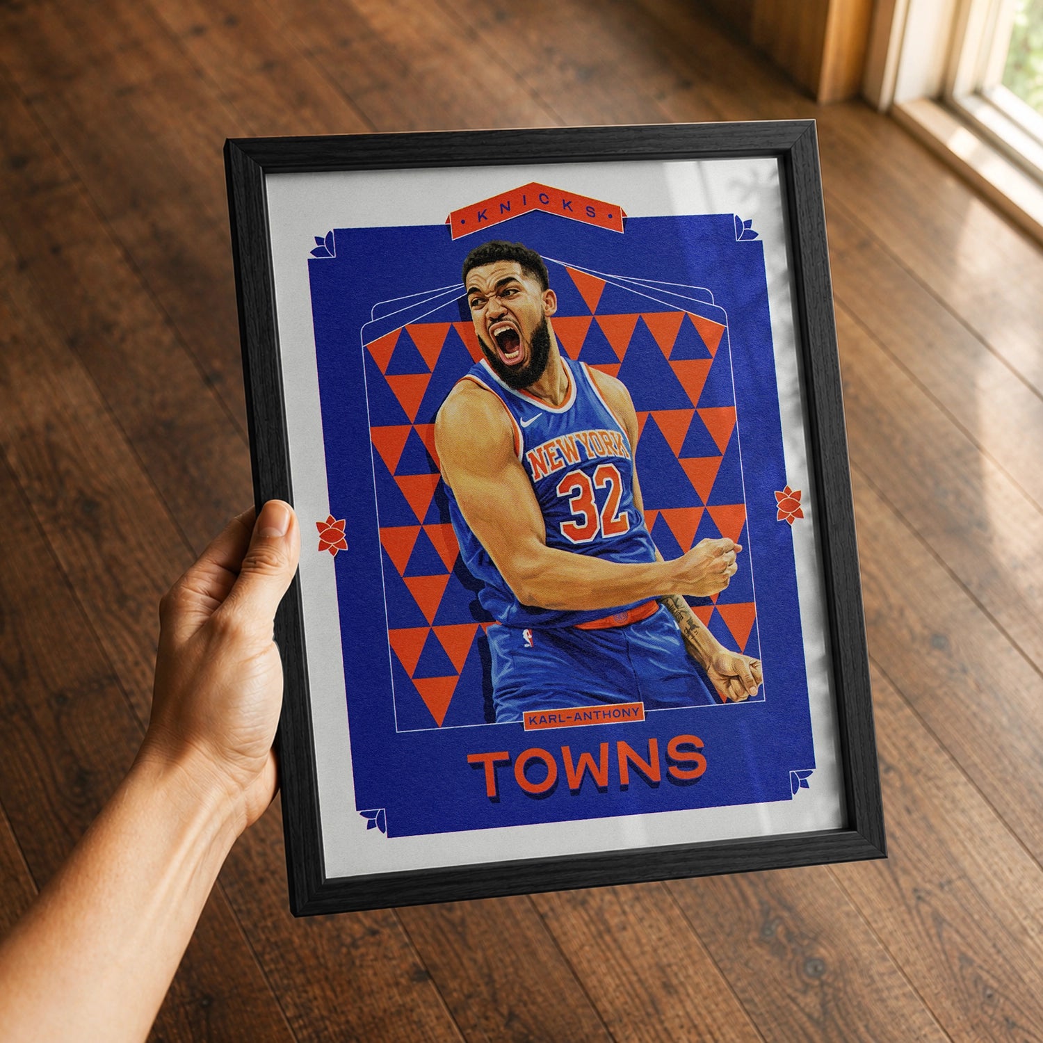 A premium Karl-anthony Towns poster in a 8x10 frame being gifted to a New York Knicks fan.