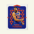 Poster of Karl-anthony Towns of the New York Knicks in a vintage trading card style.