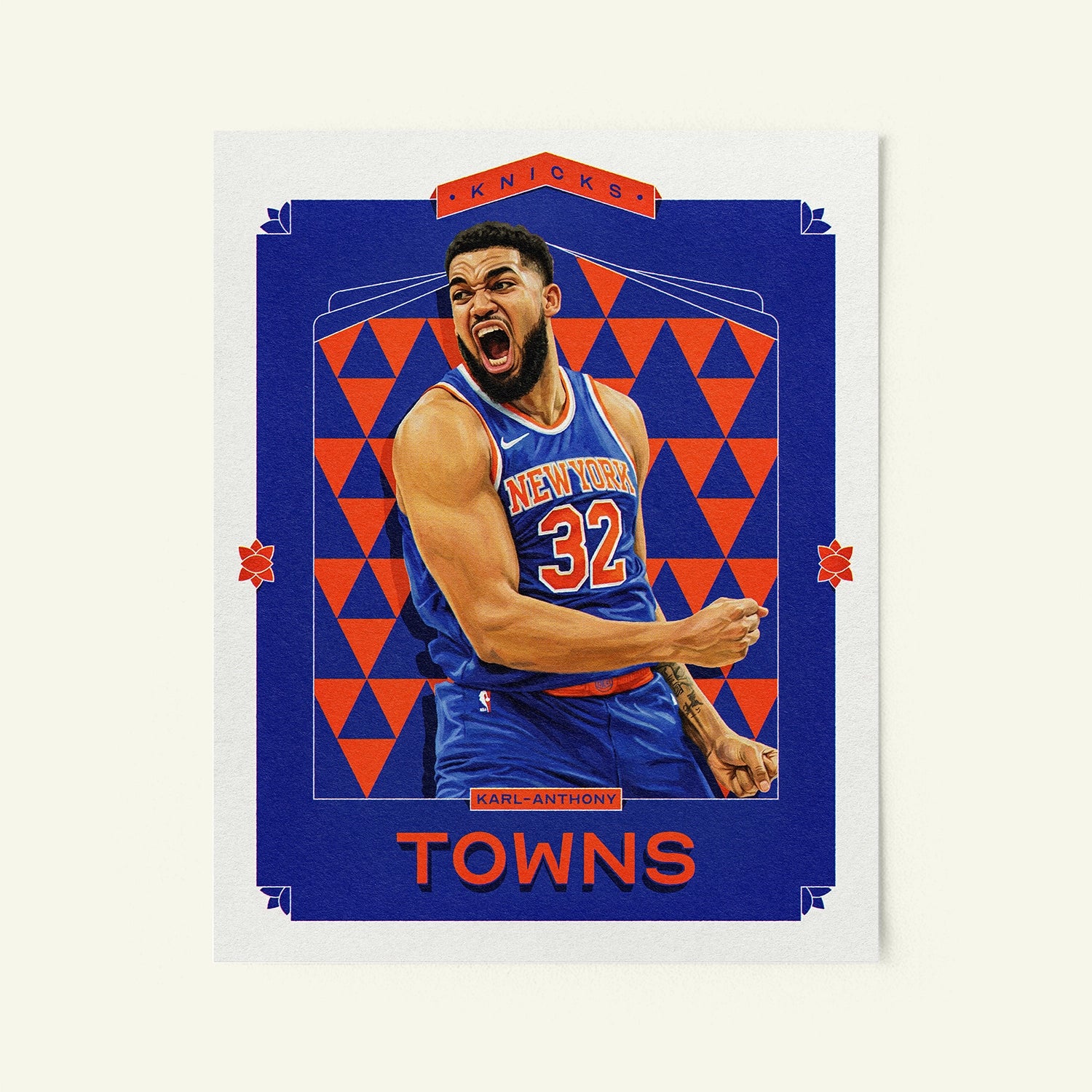 Poster of Karl-anthony Towns of the New York Knicks in a vintage trading card style.