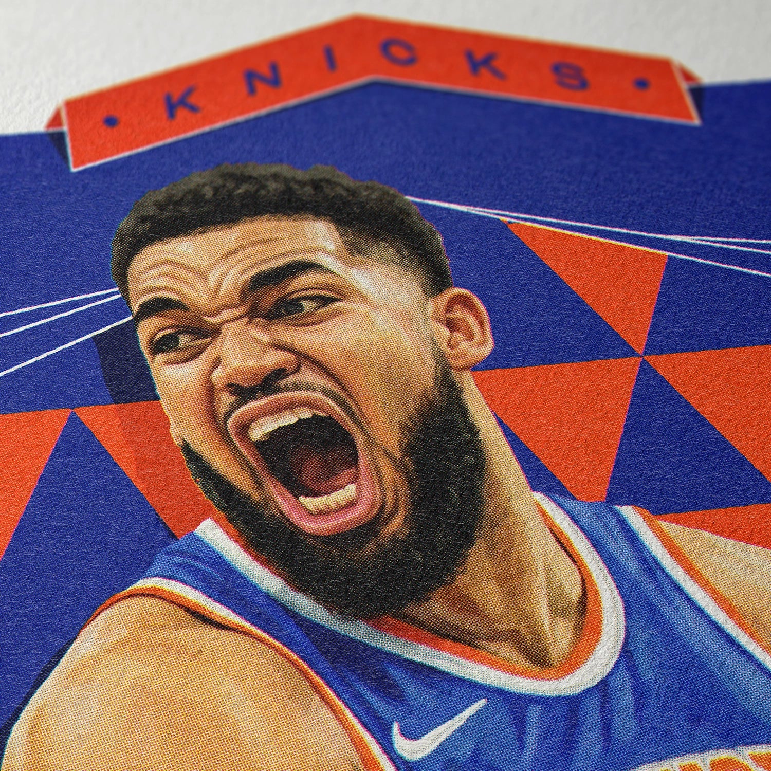 Closeup of our Karl-anthony Towns New York Knicks Poster showing the high-definition design quality and vintage graphic elements.
