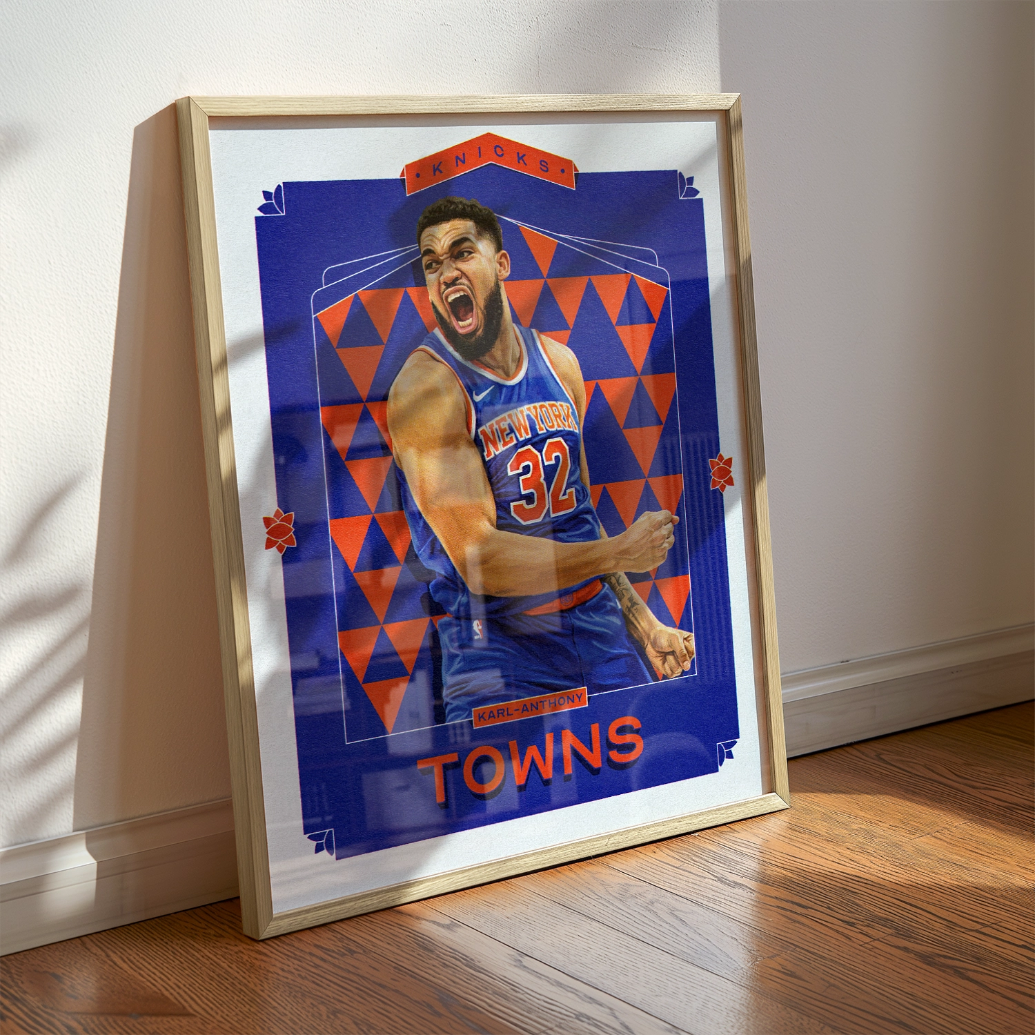 A Karl-anthony Towns poster displayed as modern sports wall art in the home of a New York Knicks fan.