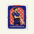Poster of Khvicha Kvaratskhelia of the Paris Saint-germain in a vintage trading card style.