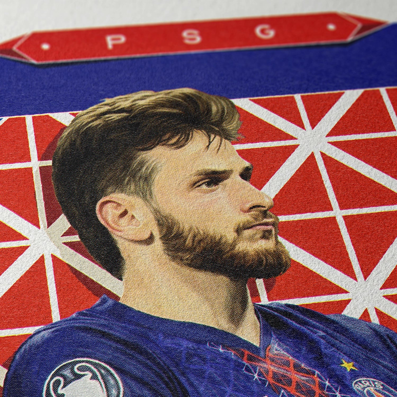 Closeup of our Khvicha Kvaratskhelia Paris Saint-germain Poster showing the high-definition design quality and vintage graphic elements.