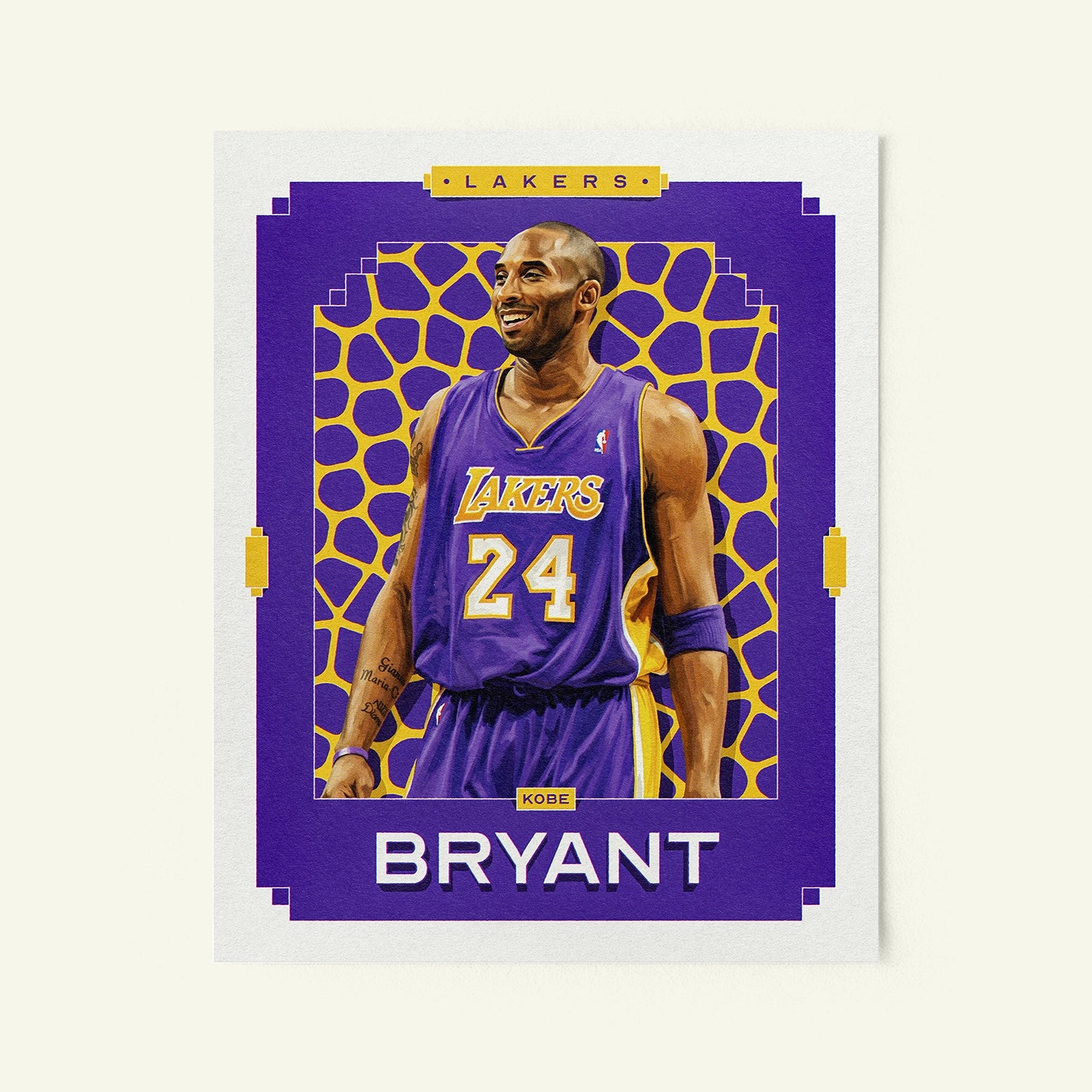 Poster of Kobe Bryant of the Los Angeles Lakers in a vintage trading card style.