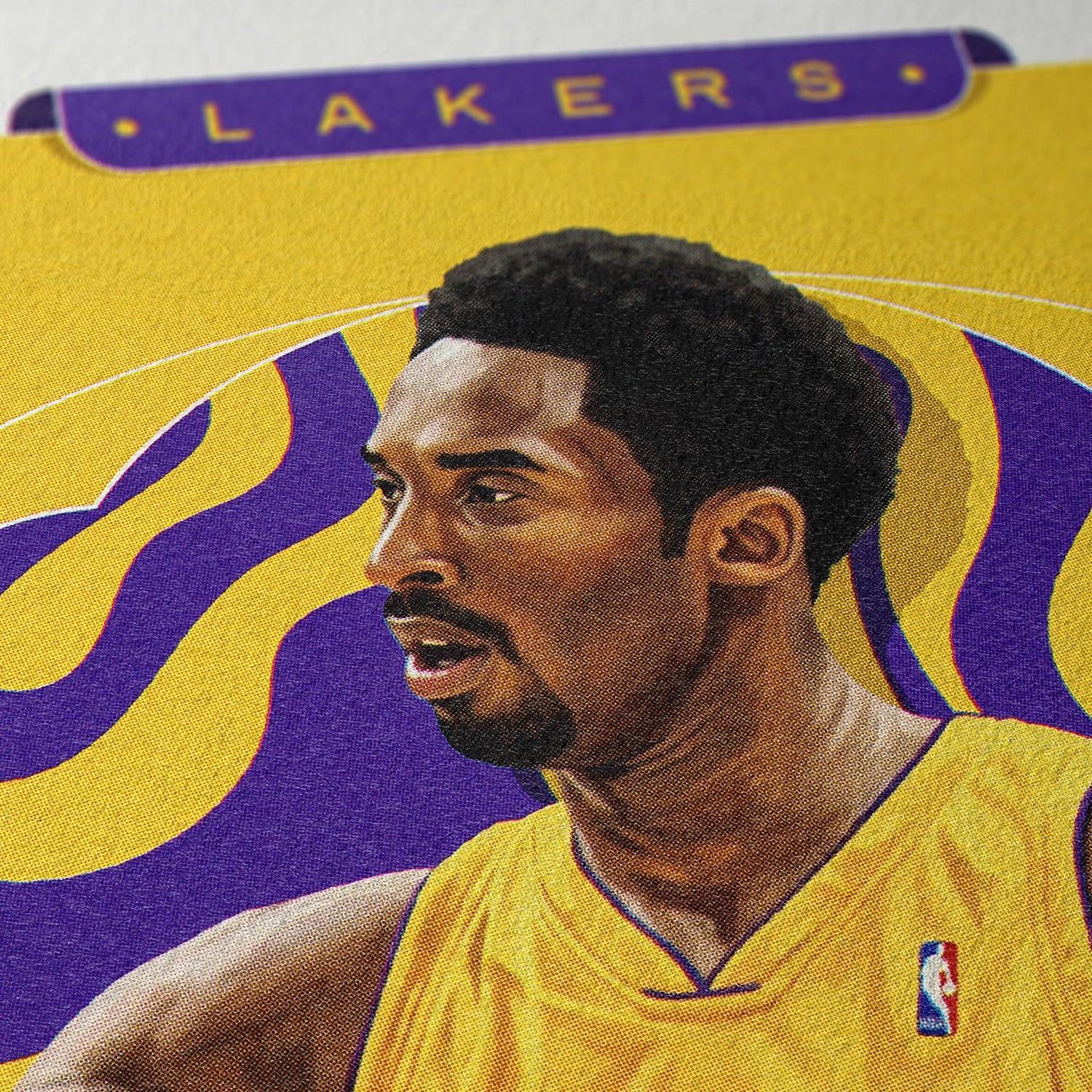 Closeup of our Kobe Bryant Los Angeles Lakers Poster showing the high-definition design quality and vintage graphic elements.