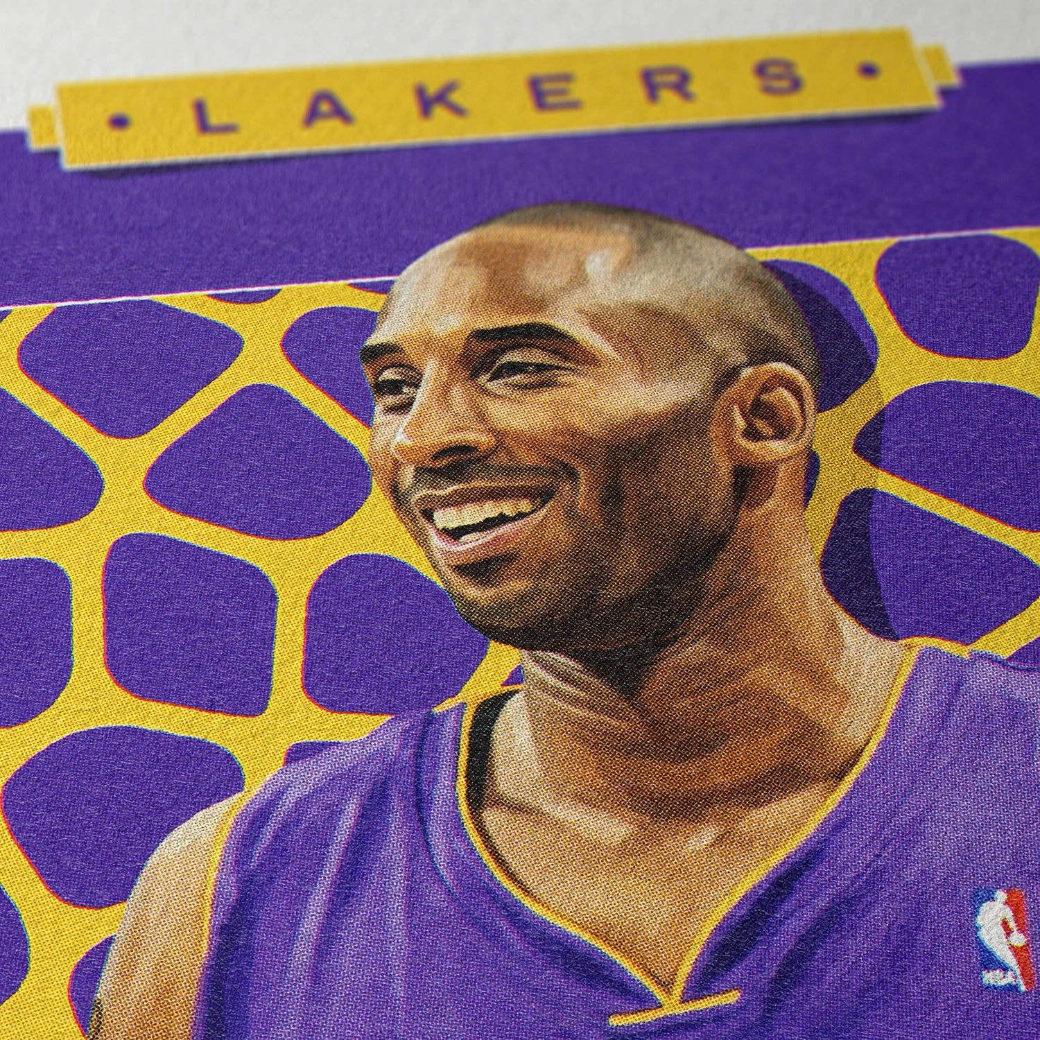 Closeup of our Kobe Bryant Los Angeles Lakers Poster showing the high-definition design quality and vintage graphic elements.