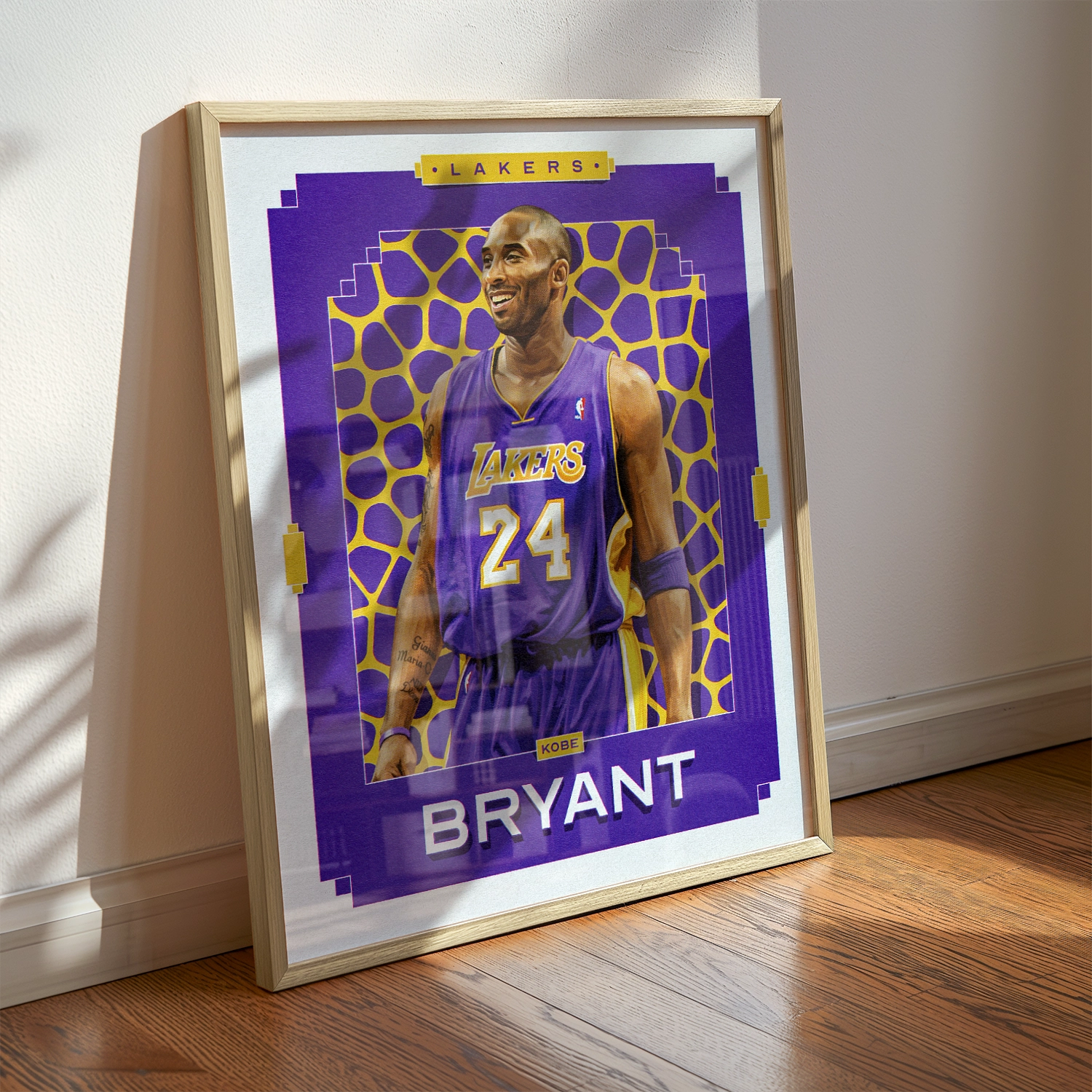 A Kobe Bryant poster displayed as modern sports wall art in the home of a Los Angeles Lakers fan.