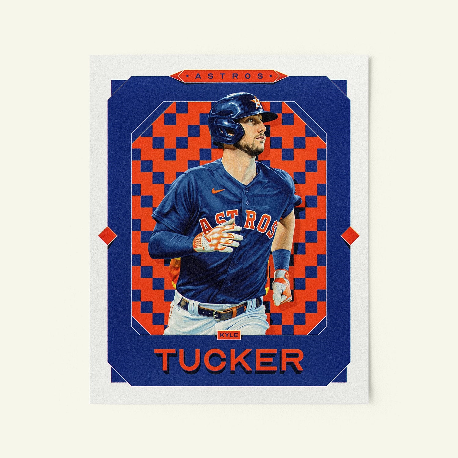Poster of Kyle Tucker of the Houston Astros in a vintage trading card style.
