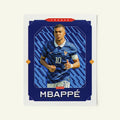 Poster of Kylian Mbappé of the France in a vintage trading card style.