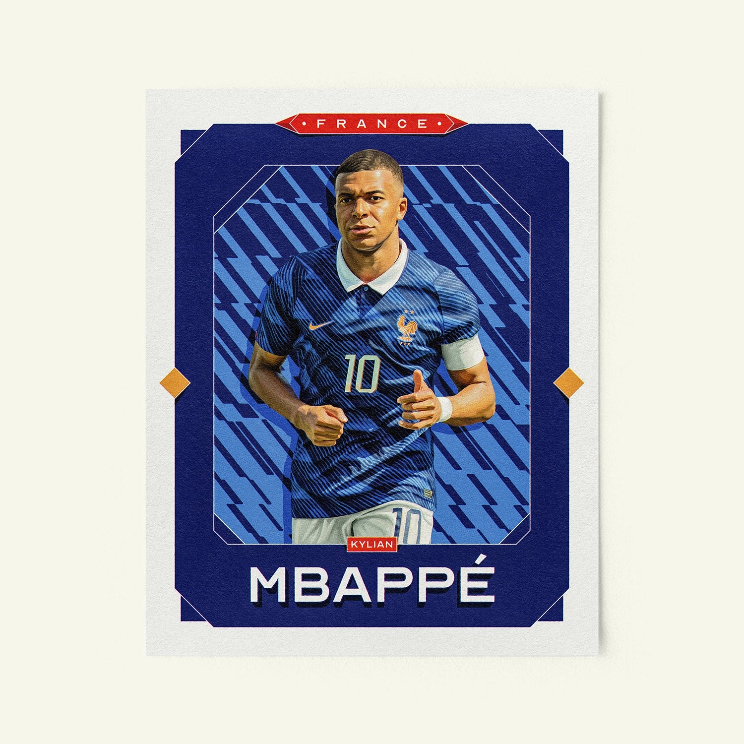 Poster of Kylian Mbappé of the France in a vintage trading card style.