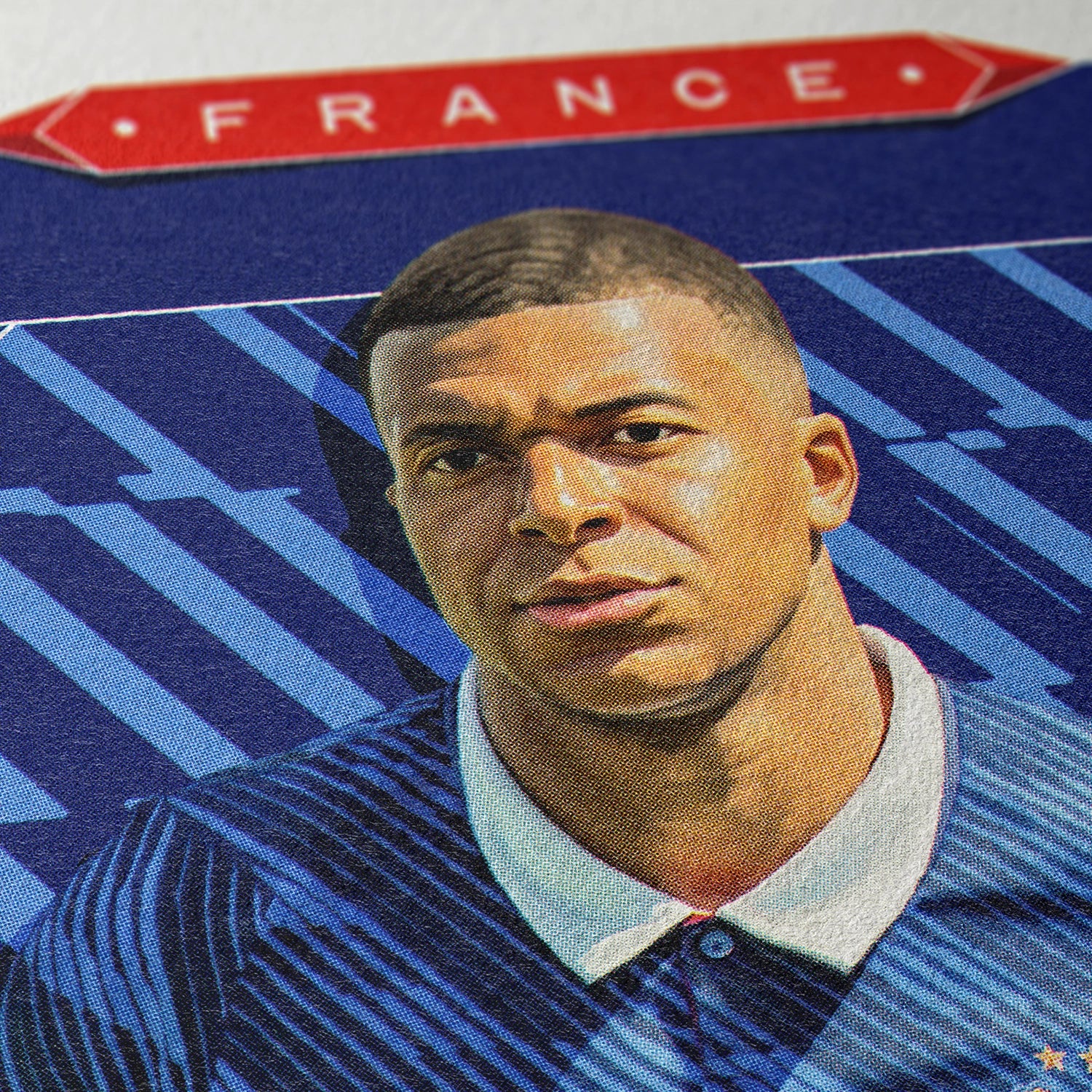 Closeup of our Kylian Mbappé France Poster showing the high-definition design quality and vintage graphic elements.