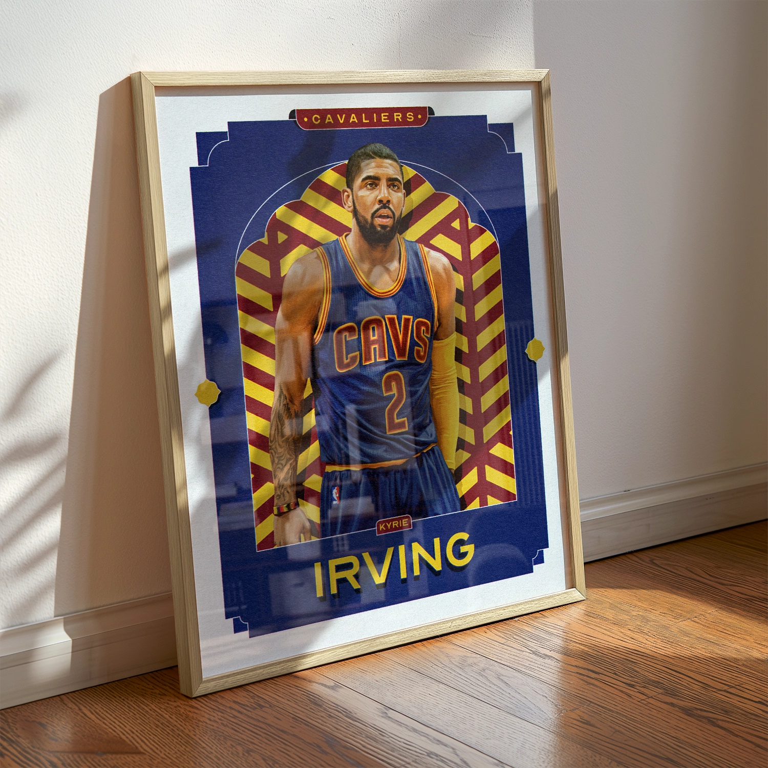 A Kyrie Irving poster displayed as modern sports wall art in the home of a Cleveland Cavaliers fan.