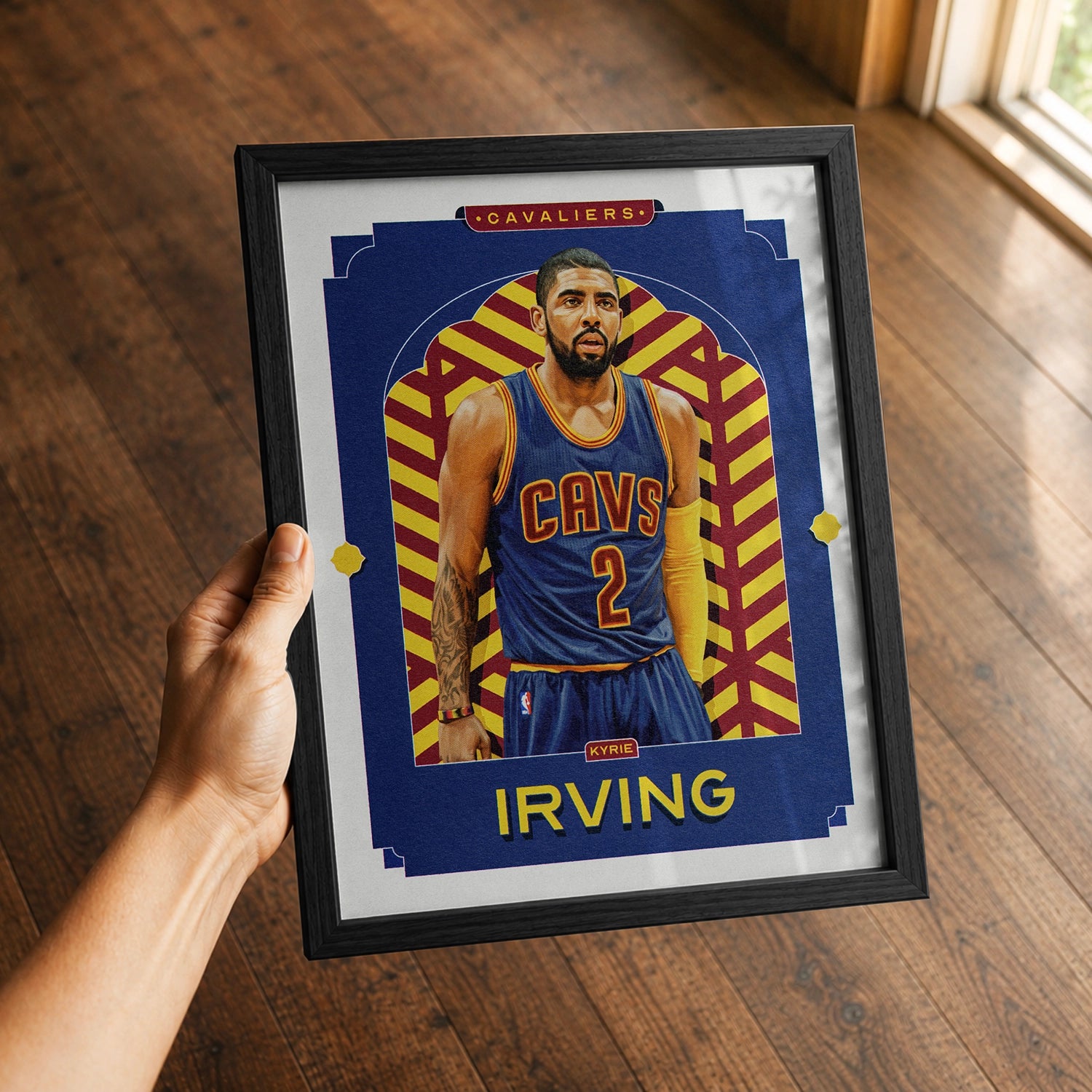 A premium Kyrie Irving poster in a 8x10 frame being gifted to a Cleveland Cavaliers fan.