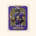 Poster of Lamar Jackson of the Baltimore Ravens in a vintage trading card style.