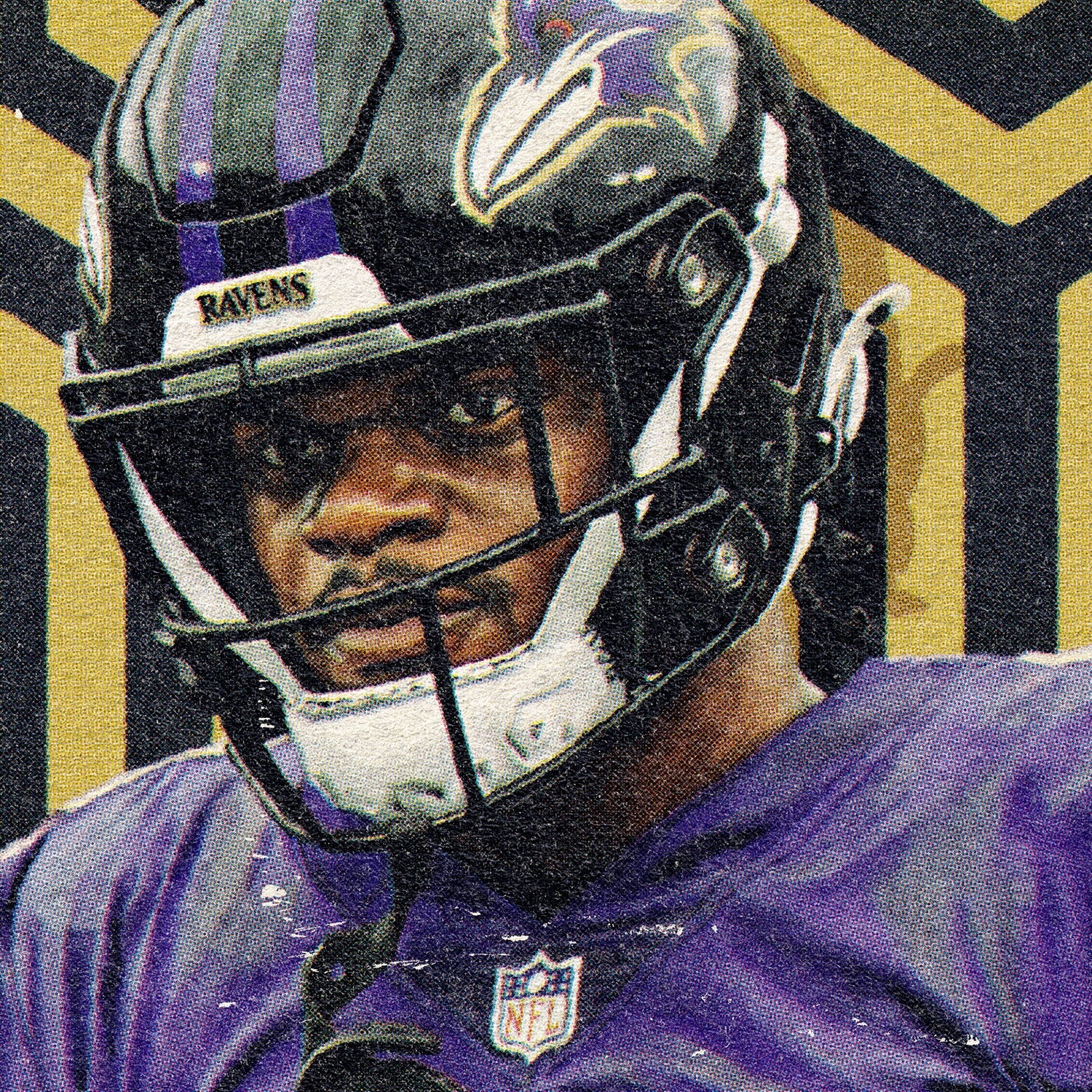 Closeup of our Lamar Jackson Ravens Poster showing the high-definition design quality and vintage graphic elements.
