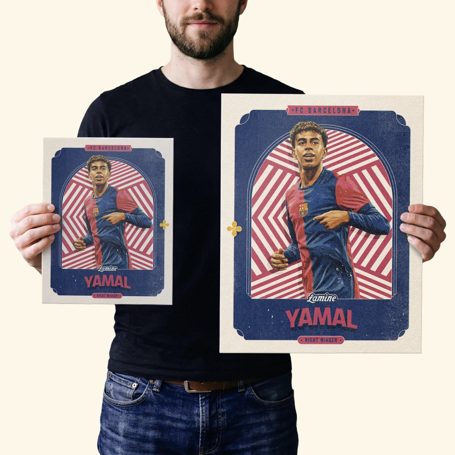 Two vintage inspired posters of Lamine Yamal in the sizes 20x25cm or 8x10 inches and 40x50cm or 16x20 inches, held by a FC Barcelona fan.