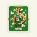 Poster of larry bird of the boston celtics in a vintage trading card style.