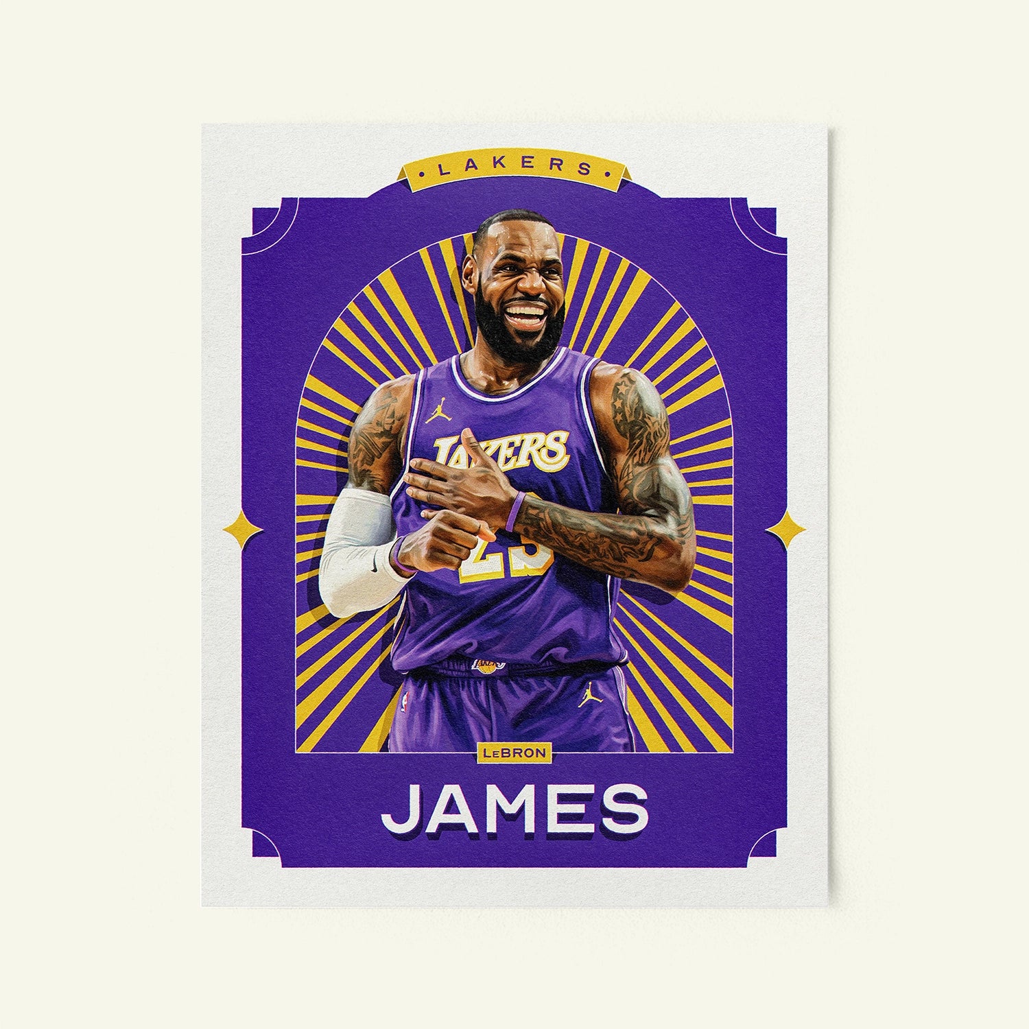 Poster of LeBron James of the Los Angeles Lakers in a vintage trading card style.