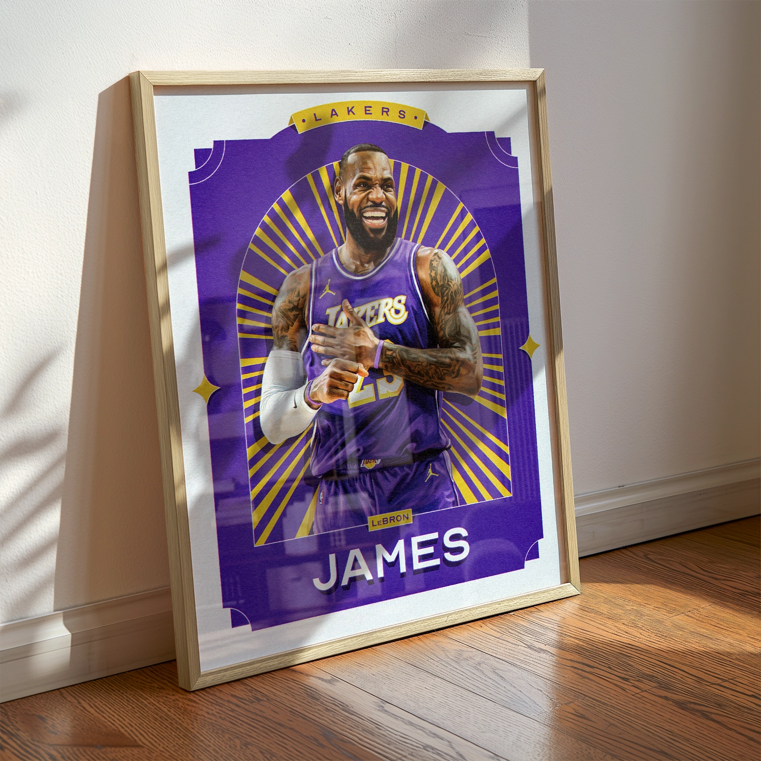 A LeBron James poster displayed as modern sports wall art in the home of a Los Angeles Lakers fan.